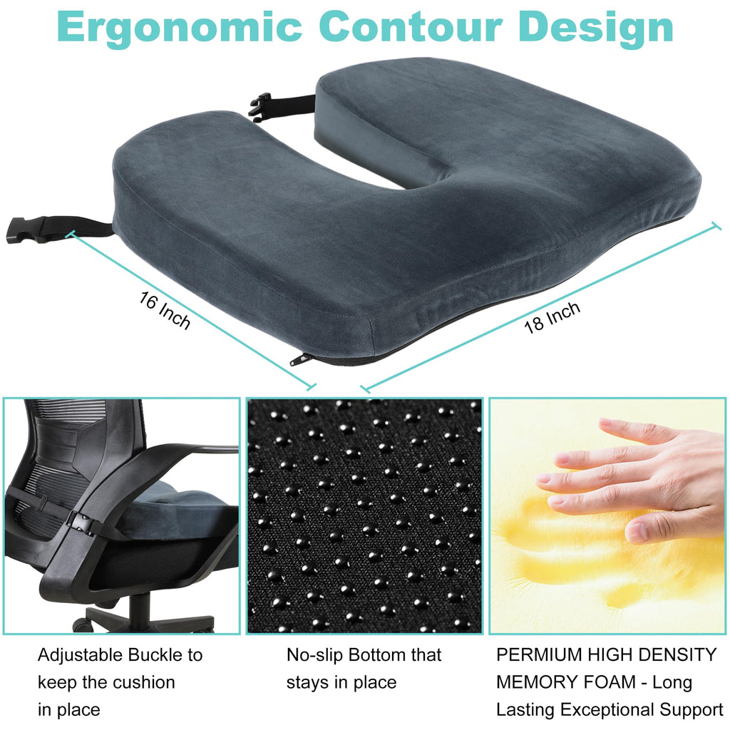 Tailbone Pain Relief Office Chair Cushion 10-Inch Extended U-Cutout,Large-18"x16"x3",Coccyx,Sciatica Pain Relief Memory Foam Wheelchair Car Seat Cushion,But Pillow Pad for Pressure Relief, Blue Grey