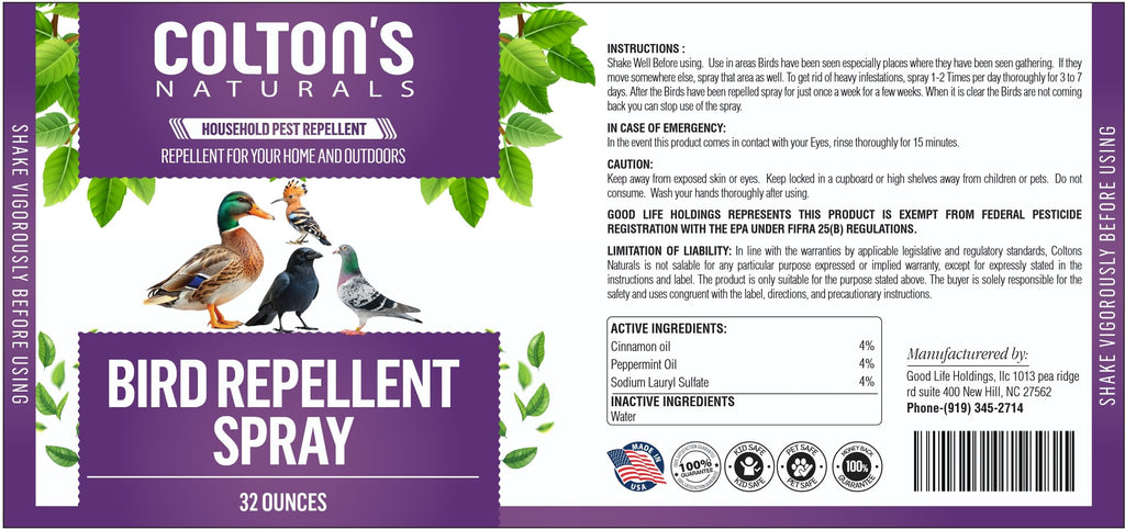 Bird Repellent Spray (32 OZ) Deter Birds from Outdoor Surfaces, Garden Areas Deterrent Natural Woodpecker, Pigeon and More Natural