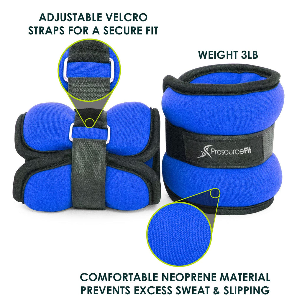 ProsourceFit Ankle Wrist Weights Set of 2, Adjustable Comfort Fit, 3 lb for Women, and Men, Blue