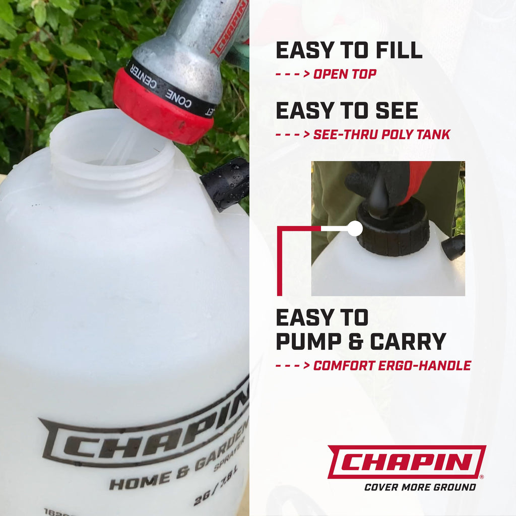 Chapin 16200 Pump Sprayer, 2-Gallon, Lawn & Garden Translucent Poly Tank, Adjustable Cone Nozzle, Ergonomic Handle & in-Tank Filter for Herbicides, Pesticides & Fertilizers