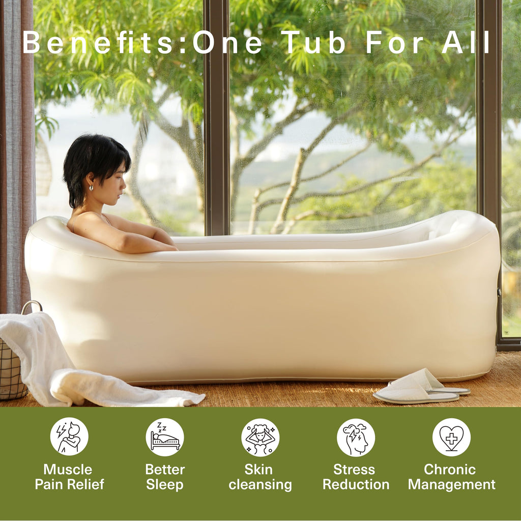 Mozoo Inflatable Bathtub 62''L X 34''W, Portable Bathtub For Adult, Unmatched Durability, Anti-Leak Drainage System, 2-Minute Setup, Space-Saving Foldable Design