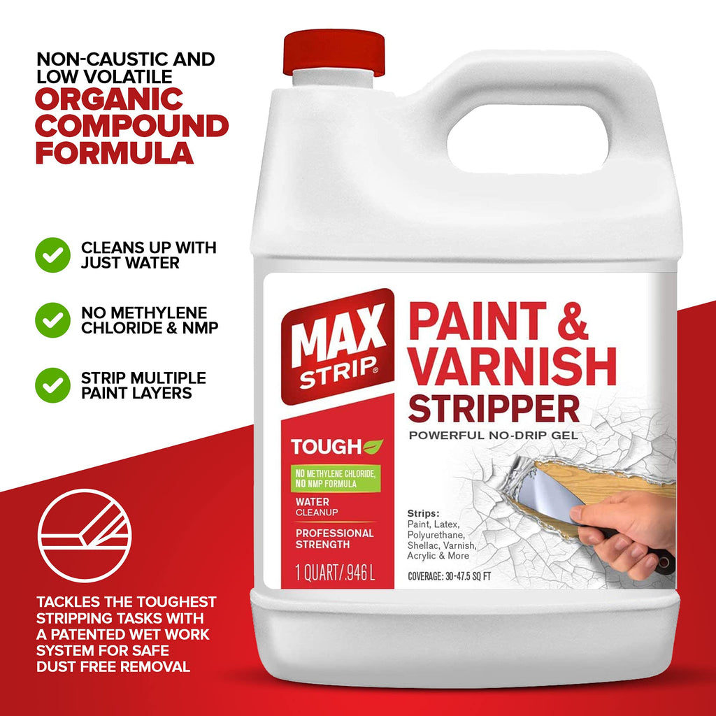 Max Strip Paint & Varnish Stripper 32oz - Paint Stripper for Multiple Layers of Acrylic, Latex, Oil & Water-Based Paints, varnishes. for Wood, Metal, Masonry, Plaster, Tile, molding.