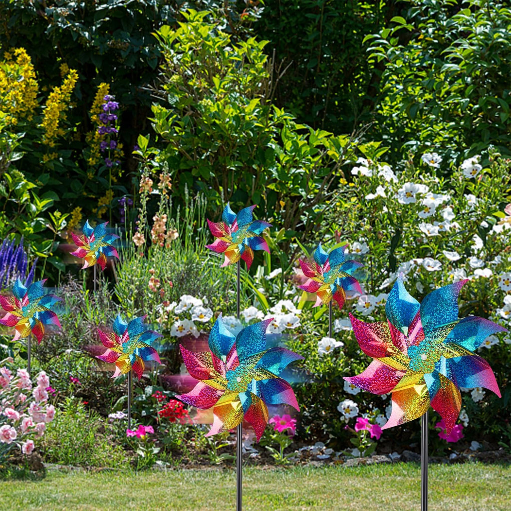 Hausse 10 Pack Reflective Pinwheels Wind Spinner, Extra Sparkly Rainbow Pinwheel with Stakes, Bird Repellent Blinder Devices Deterrent to Scare Birds Away from Yard Patio Farm Garden, Colorful