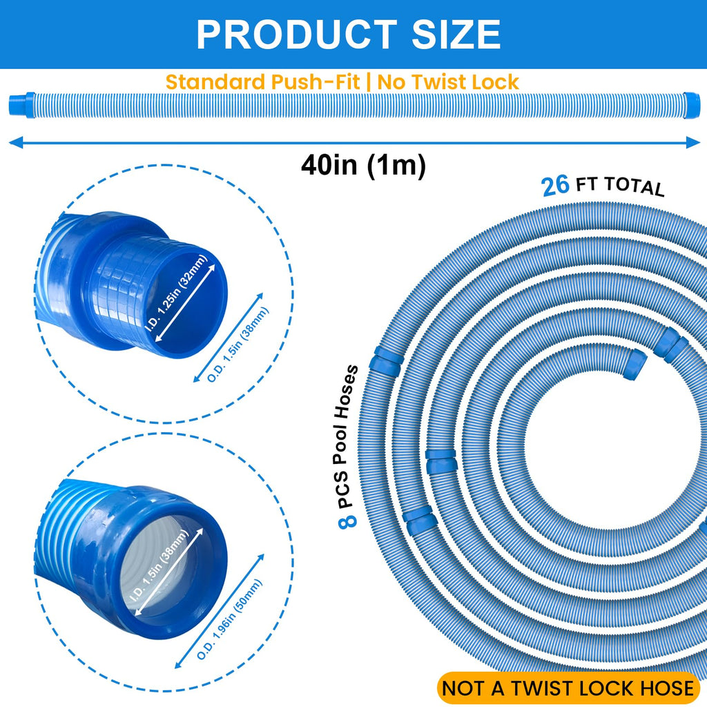 Poolvio Pool Vacuum Hose 26 Feet (8 x 40 Inch), 1.5 Inch Cuffs, Compatible with Most Inground Automatic Cleaners