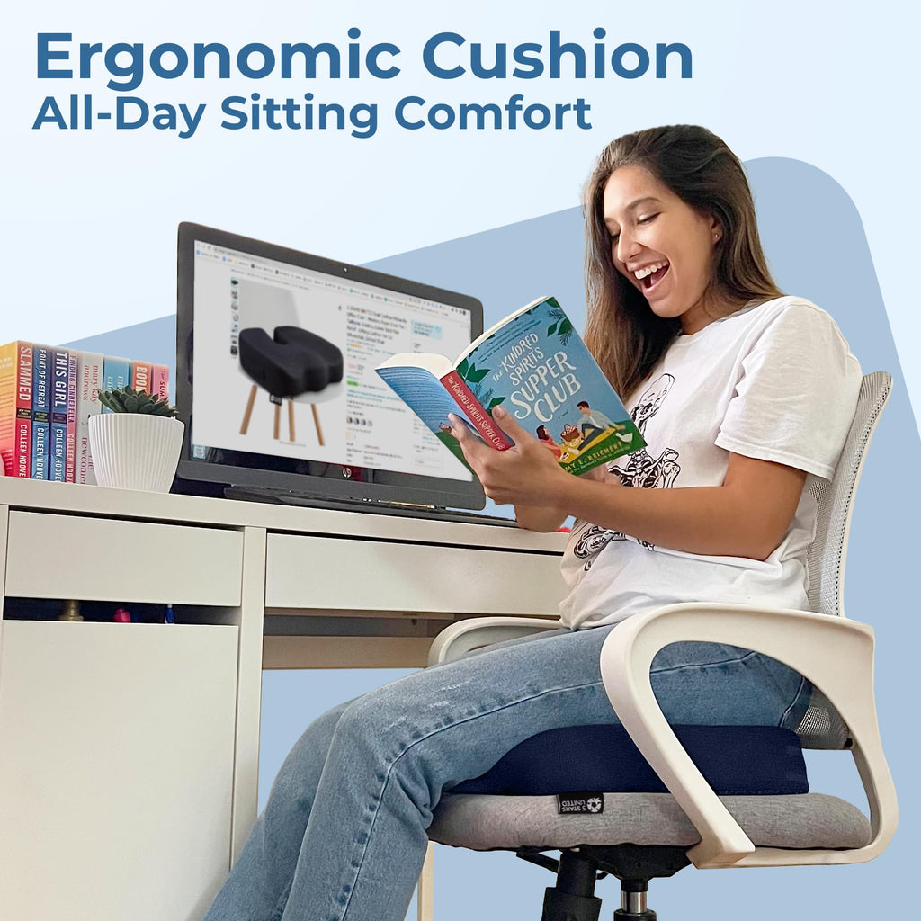 5 STARS UNITED Seat Cushion for Tailbone Pain Relief – Memory Foam Lifting Pillow for Coccyx, Hip, Hemorrhoid, Sciatica & Post-Surgery Recovery – Wheelchair, Car, Desk, Gaming & Office Chairs, D Blue