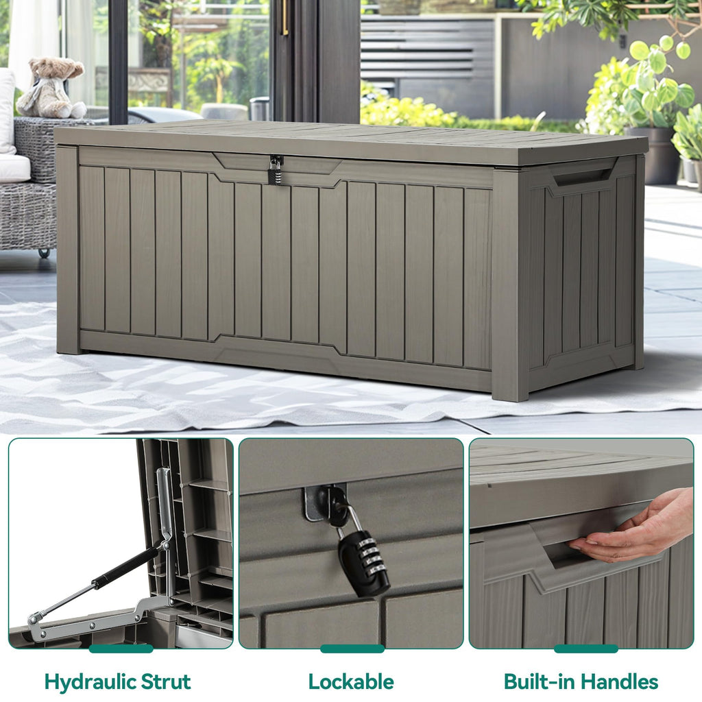 YITAHOME Outdoor Storage Box, 120 Gallon Waterproof Deck Box for Garden Tools, Patio Cushions, and Pool Accessories, Lockable, Easy Assembly, Versatile Bench or Table (Light Brown)