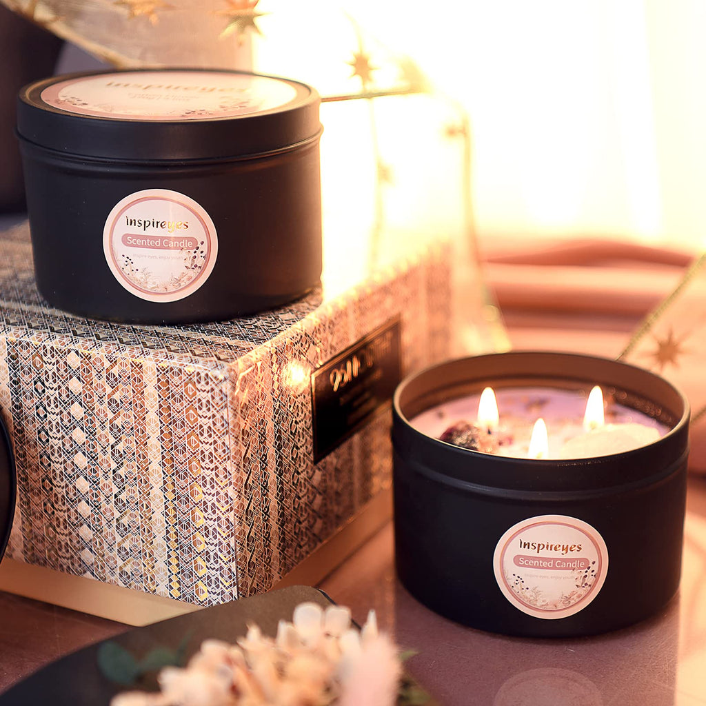 Inspireyes Scented Candle Set with Crystal, 19 oz 3 Wick Candle, Manifestation Candle with Large Energy Stones, Large Tin of Soy Aromatherapy Meditation Candles, Spiritual Gifts for Women