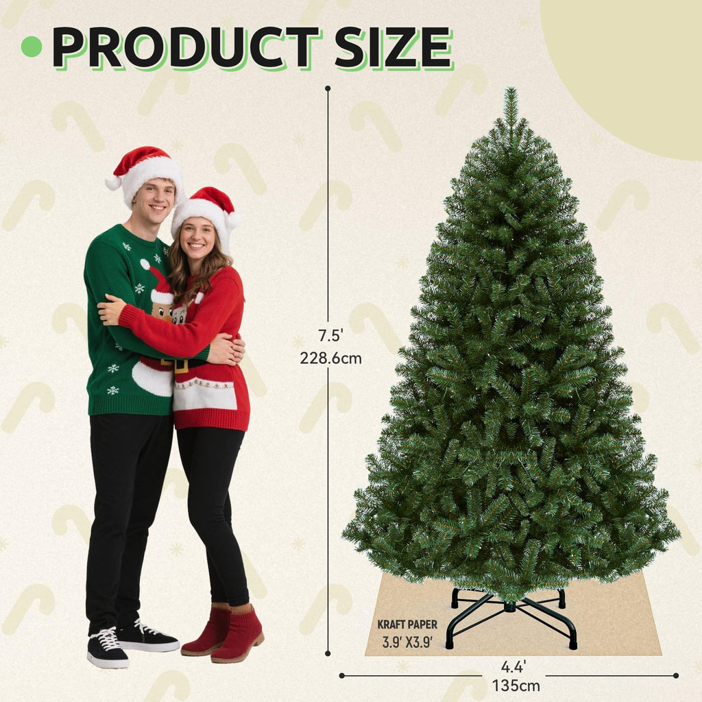 GOOBED Prelit Green Christmas Tree 7.5FT with Remote Control, Pre-Lit Green Artificial Hinged Spruce Christmas Tree with 1450 Tips, 550 LED Lights and 11 Light-Modes for Home, Party Decoration