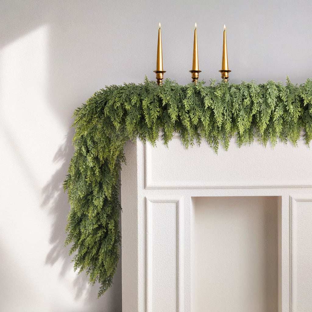 N&T NIETING 9ft Christmas Cedar Garland with Realistic Soft Thickness Pine, Artificial Green Faux Cedar Pine Garland for Fireplace Mantle Fireplace Indoor Outdoor Holiday Party Home Decoration