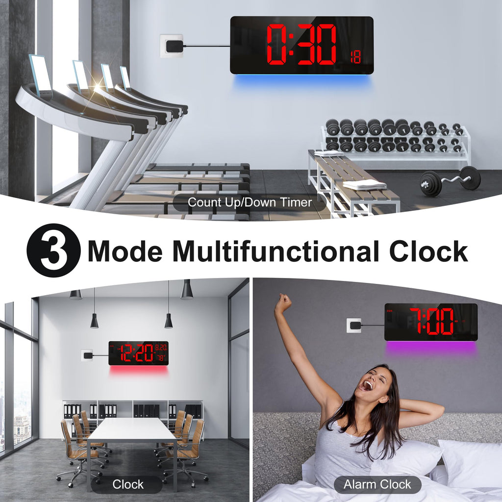 XREXS 16.5" Digital Clock Large Display with Remote Control 7 Color Changes Night Lights LED Wall Clock, Adjustable Dimmer, Temperature Clock for Bedroom, Desk Alarm Clock for Teens Elderly