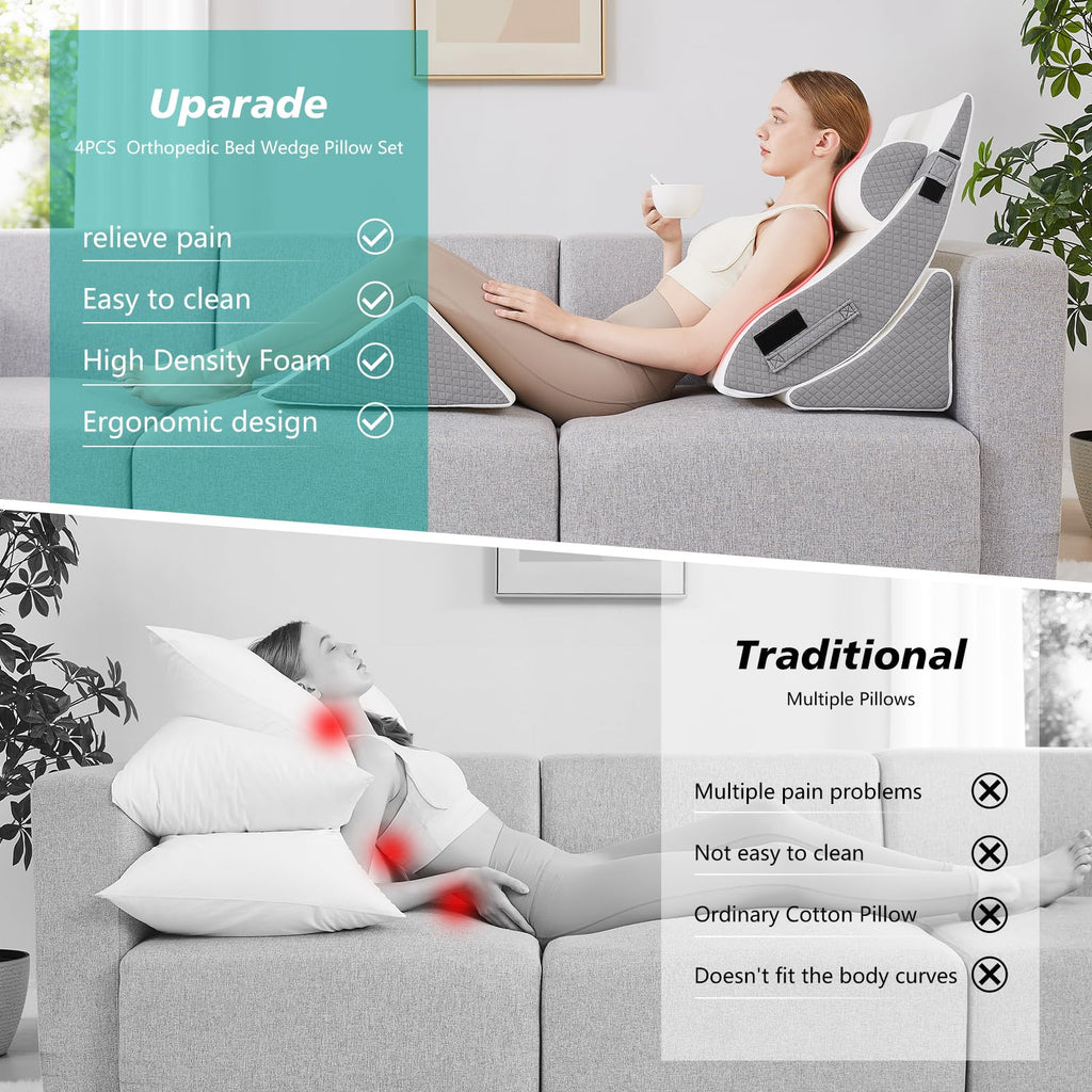 Longering 4PCS Orthopedic Bed Wedge Pillow Set for Post Surgery - Adjustable Wedge Pillow for Neck Back and Leg Pain Relief - Triangle Pillow Wedge for Acid Reflux & Sleeping & GERD (White Grey)