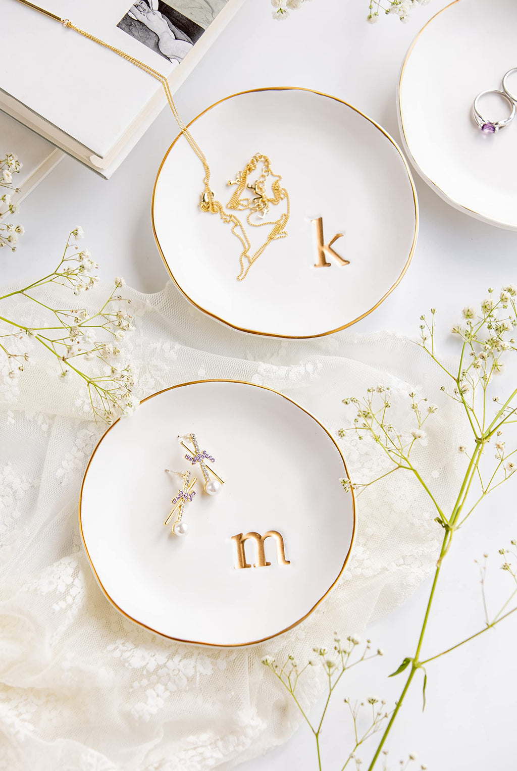 COLLECTIVE HOME - Ceramic Jewelry Tray, Decorative Trinket Dish for Rings Earrings Necklaces Bracelet Watch Keys, Birthday Mother's Day for Women, 4.75", White Surface (A)