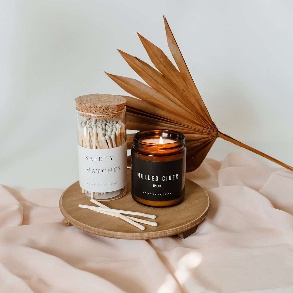 Sweet Water Decor 4" Hearth Matches in Apothecary Glass Bottle | Rustic Jar Approx. 100 Decorative Matchsticks with Strike Pad | Cute Candle Accessory Match Holder Long Matches for Fireplace (White)