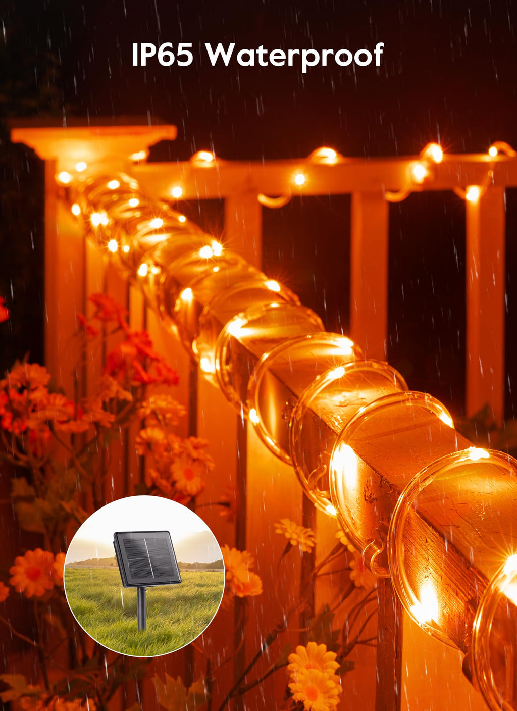 Brightown Solar Rope Lights, 39FT 100LED Outdoor Solar String Lights, IP65 Waterproof Solar Powered Fairy Lights with 8 Lighting Modes for Christmas Party Garden Yard Home Tree Decoration, Orange