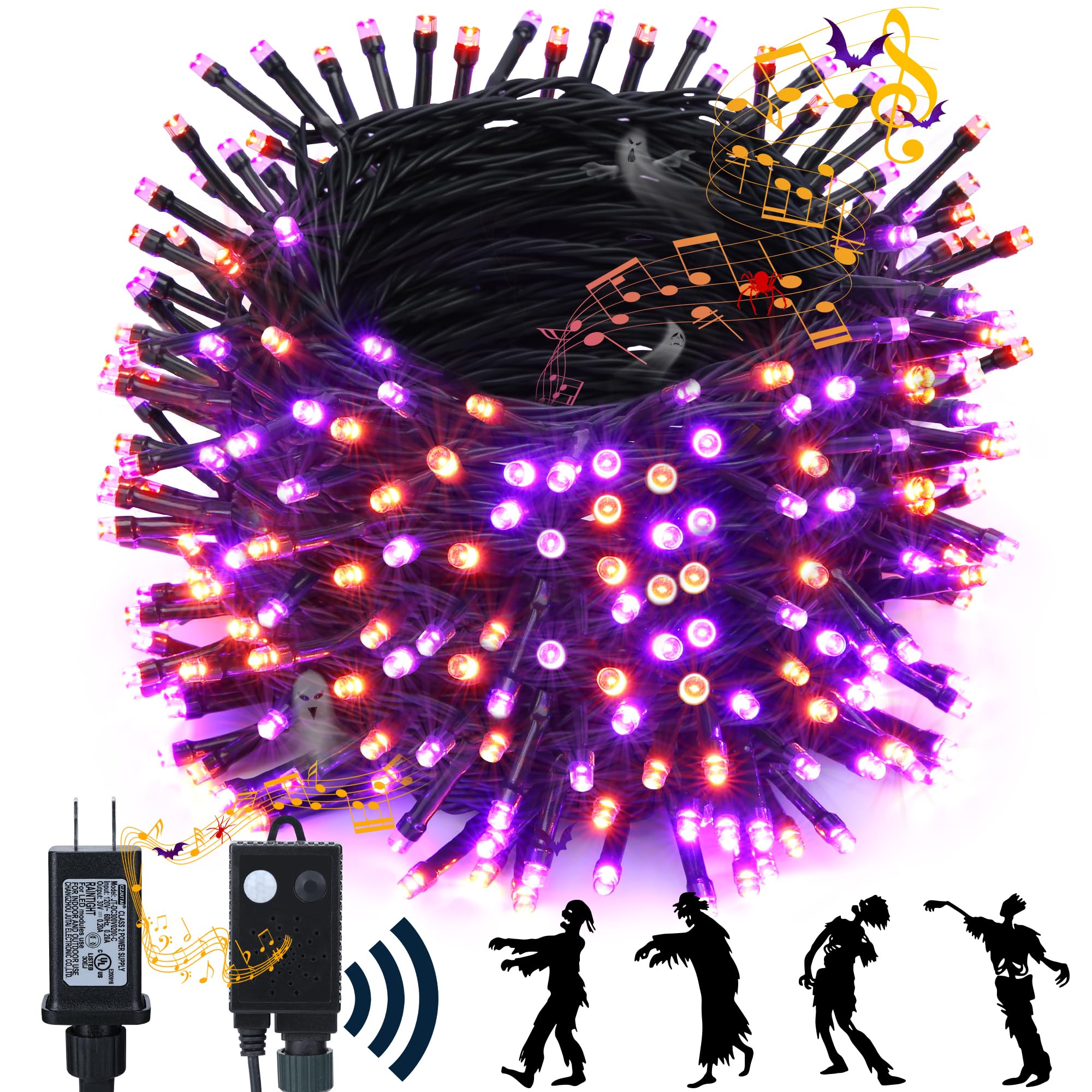 Toodour Halloween Lights Outdoor, 82FT 200 LED Halloween String Lights with Spooky Music Waterproof, Plug in Motion Sensor Orange & Purple String Light for Yard Bedroom Home Party Tree Halloween Decor