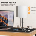 Small Bedside Table lamp for Bedroom - 3 Color Temperatures Bedside Lamps with USB C and A Ports, Pull Chain Table Lamps with AC Outlet, White Nightstand Lamps with Black Metal Base for Kids Reading