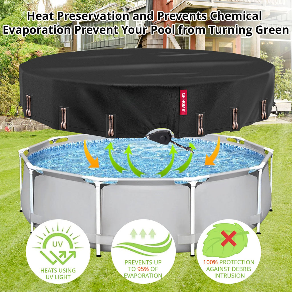 QH.HOME Solar Round Pool Cover for 12 Ft Bestway/Intex Above Ground Pool,One-Piece Tear Resistant Swimming Pool Cover Protector with Fast Tightening Patented Ratchet & Upgraded Ultimate Windproof