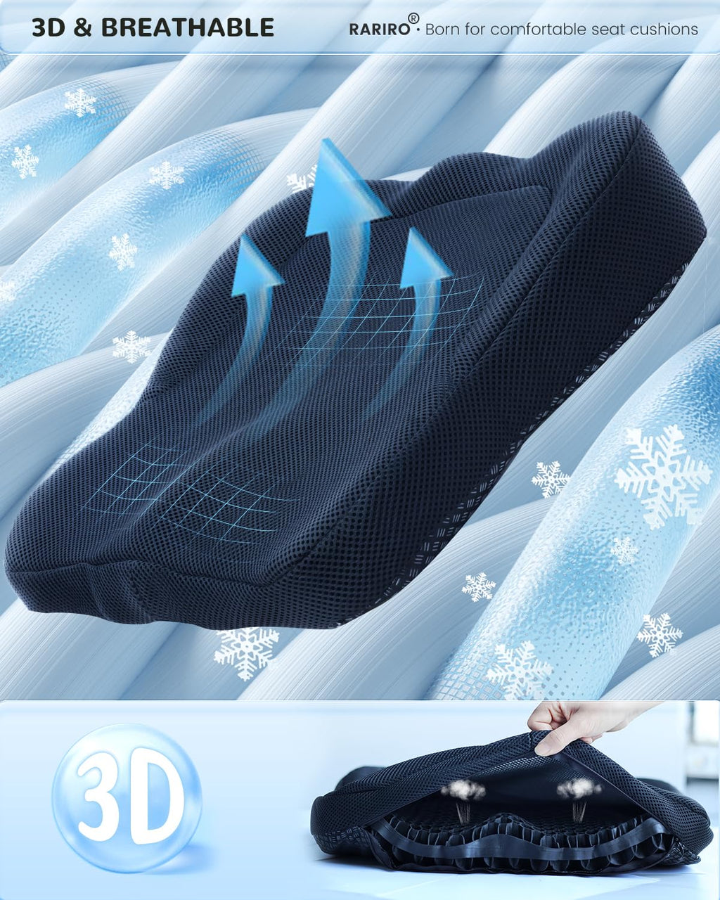 Thickened Gel Seat Cushion, Chair Seat Pads for Wheelchair, Gel Cushion Seat for Pressure Coccyx Sciatica Pain Relief, Egg Cushion for Car Office Chair, Cooling Cushion for Long Sitting[Black-2.75"]