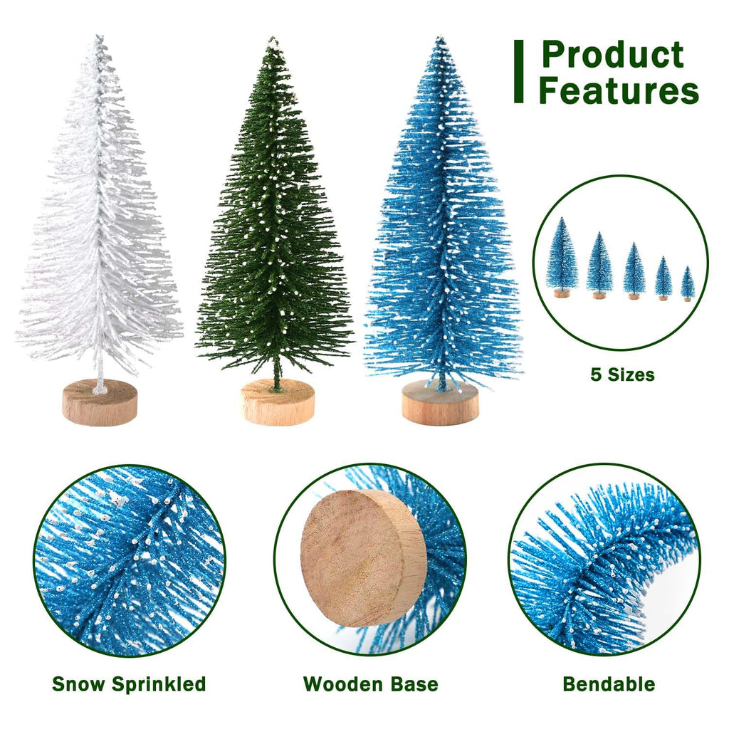 30Pcs Mini Christmas Trees Artificial Christmas Tree Bottle Brush Trees with Wooden Base for Christmas Decor Christmas Party Home Table Craft Decorations(Green+Blue+White)