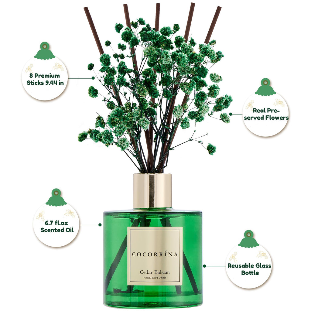 COCORRÍNA Reed Diffuser Set - Cedar Balsam 6.7 Fl.oz Diffuser with 8 Sticks Home Bathroom Shelf Decor Christmas Reed Diffuser