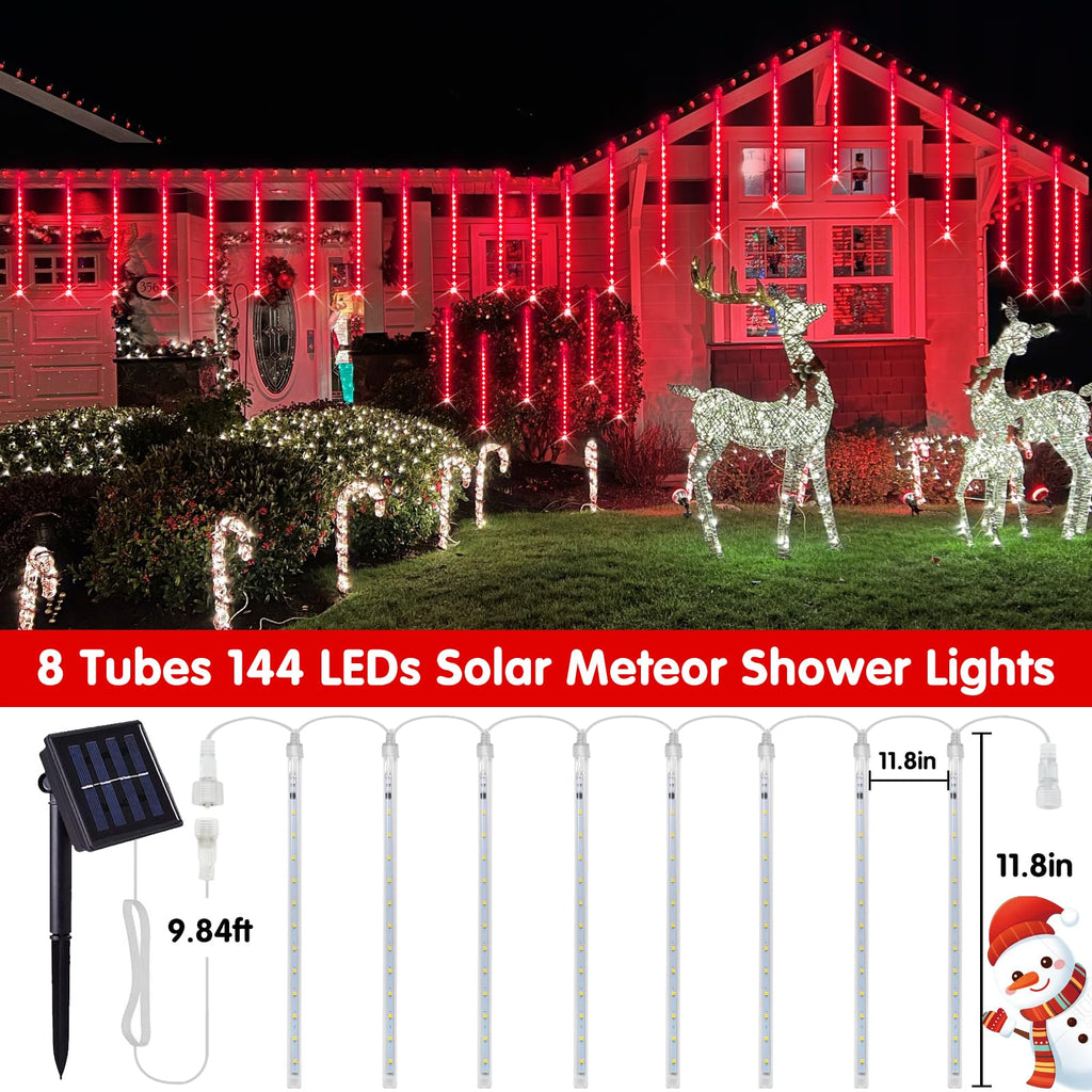 JMEXSUSS Red Solar Meteor Shower Rain Lights, 8 Tube 144 LEDs Solar Christmas Lights, Led String Lights for Xmas Halloween Tree Wedding Holiday Party Birthday Decoration
