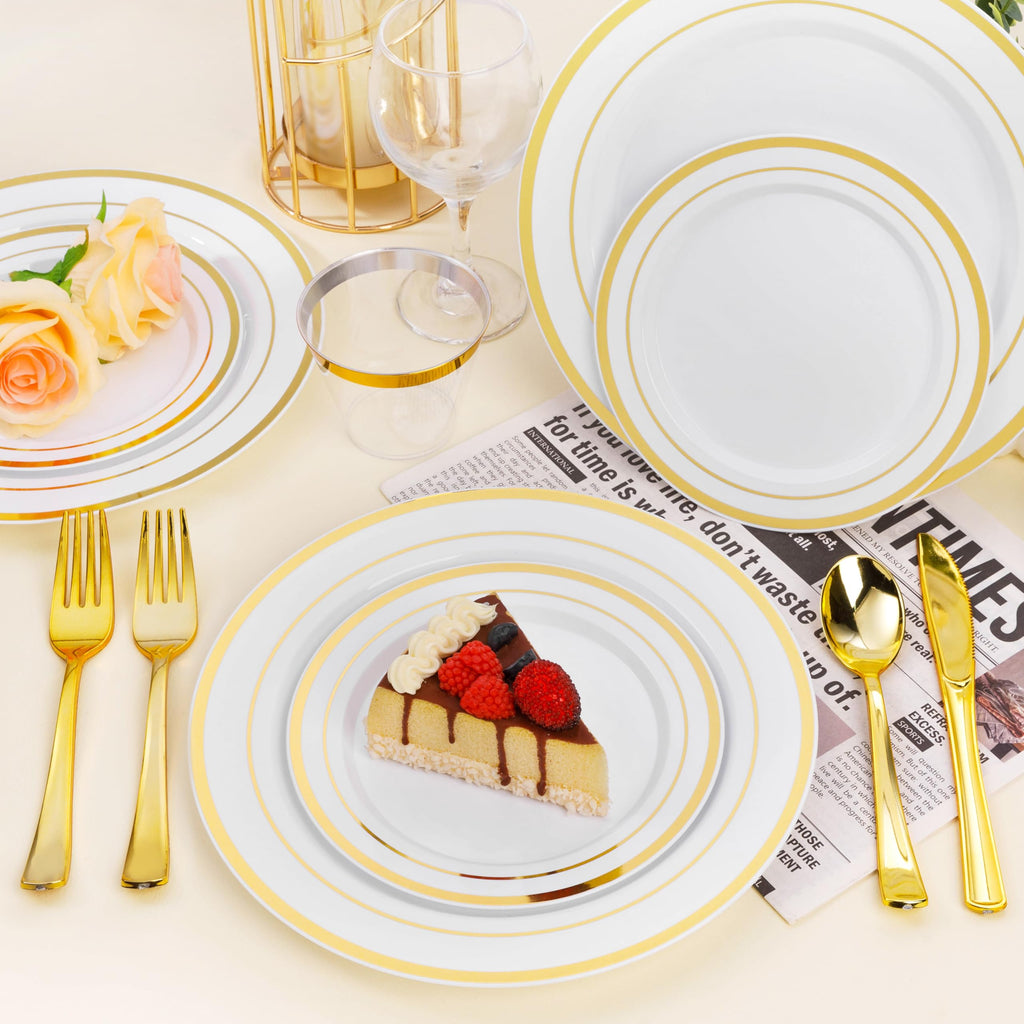 BESTSTAR 100PCS White Plastic Plates for Party, 10.25 Inch Disposable Plates with Gold Rim, Heavy Duty Dinner Plates for Christmas, Thanksgiving, Party, Wedding and Birthday