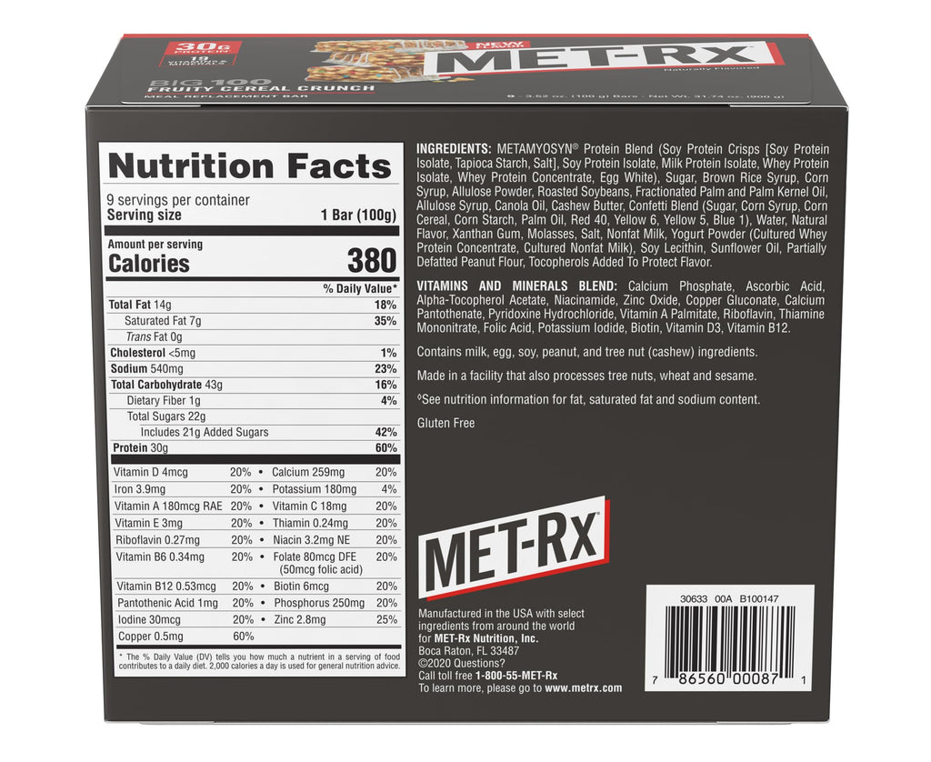 MET-Rx Big 100 Colossal Protein Bars, Fruity Cereal Meal Replacement Bars, 9 Count