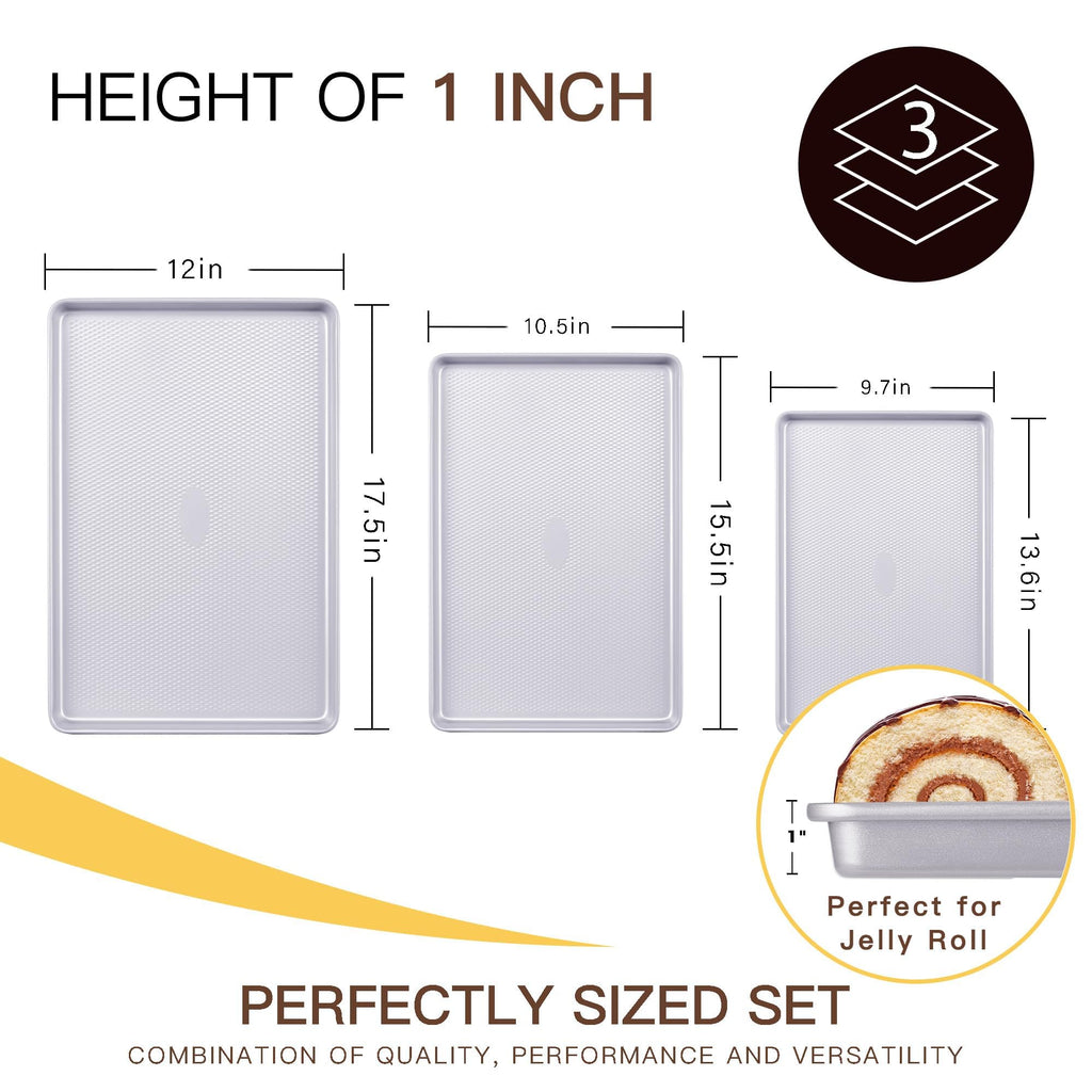 HONGBAKE 3 Pack Nonstick Ceramic Baking Sheet Pan Set for Oven, Non-Toxic Half/Quarter/Jelly Roll Pans with Diamond Texture, Heavy Duty 0.8mm Aluminized Steel Cookie Trays for Cooking, Light Grey