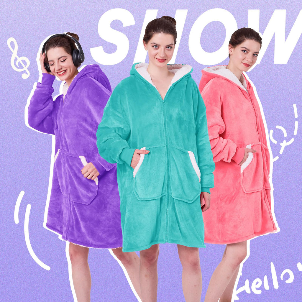 JOYWOO Turquoise Teal Wearable Blanket Hoodie, Birthday Gifts for Trendy Girls Girlfriend Stuff, Oversized Hooded Blanket for Adult Women, Cozy Sherpa Sweatshirt Blanket with Giant Pocket and Zipper