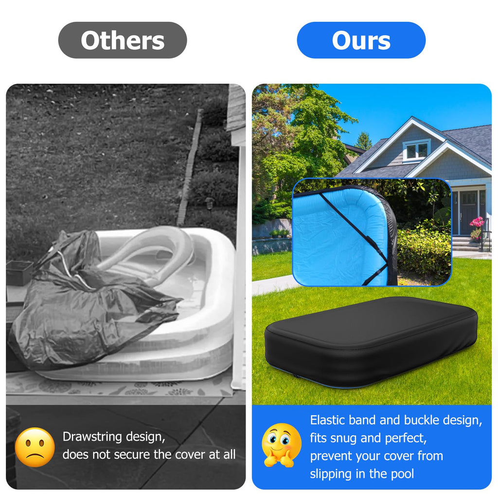Rectangular Pool Cover for Inflatable Pool, Fits Blow Up Pool Size 120" L x 72" W, Built-in Elastic Band and Extra Buckle to Prevent Slipping, 10' x 6' Rectangle Above Ground Swimming Pool Cover