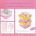 NPLUX 50 Pcs Mini Cake Pans with Lids and Spoons Aluminum Foil Mini Square Baking Cups with Lids Disposable Ramekins Cake Pans Dessert Cups for Wedding Birthday Party(Pink,5oz)