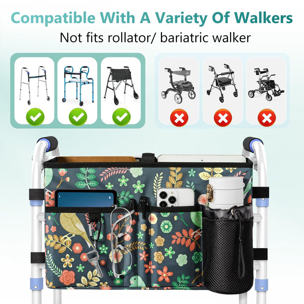 Rhino Valley Walker Bag, Multi Pockets Folding Walker Basket Tote Bag with Cup Holder, Hand-Free Carry Pouch Storage Bag for Universal Walkers, Large Capacity Organizer for Seniors Elderly, Birds