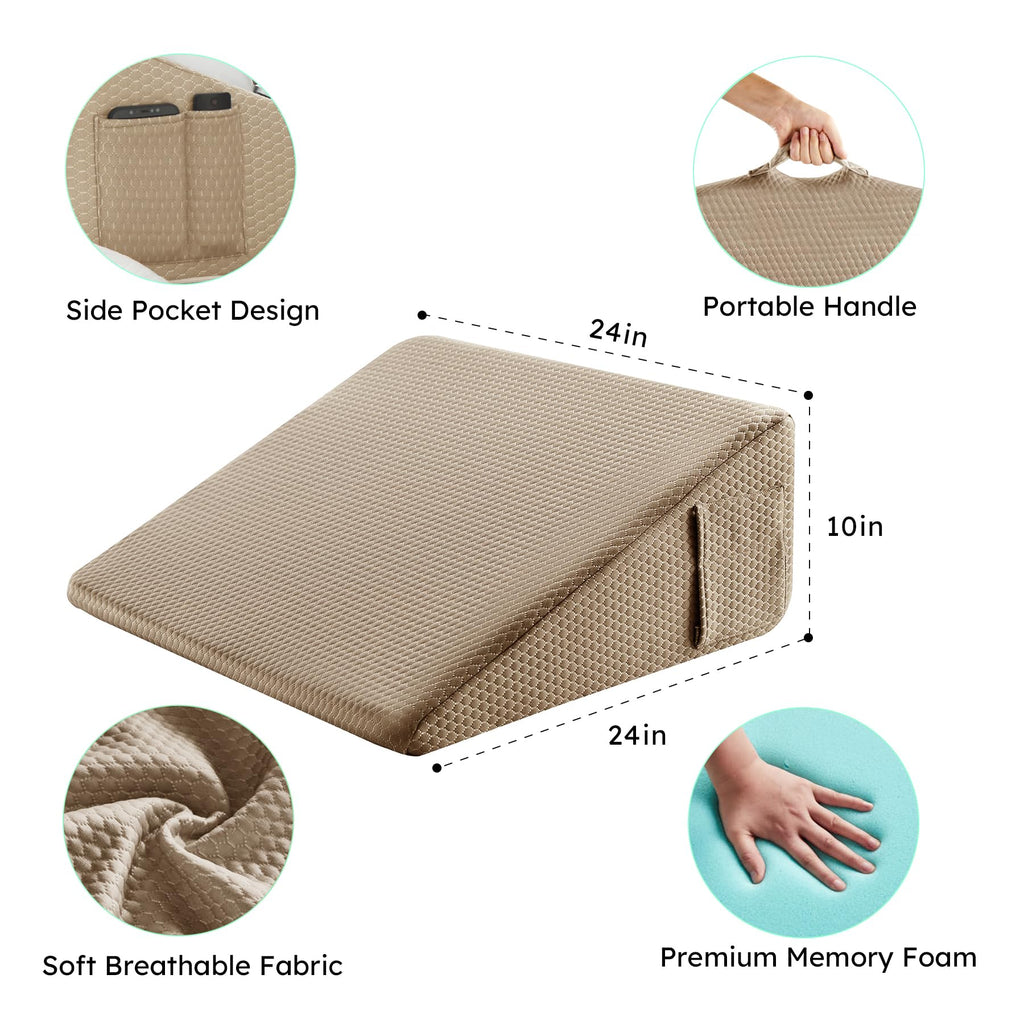 Bedluxe Wedge Pillow for Sleeping, 10 inch Elevated Support Bed Wedge Pillow, Breathable Triangle Pillow Wedge with Cooling Memory Foam Top - Removable Washable Cover, Coffee