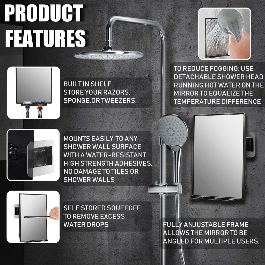 Shower Mirror for Shaving & Washing Your Face with a Squeegee - Built-in Two Razor Holder, 360°Rotation Adjustable Shaving Bathroom Mirror - Easy Install, Home Shower Accessory(Not Fogless)