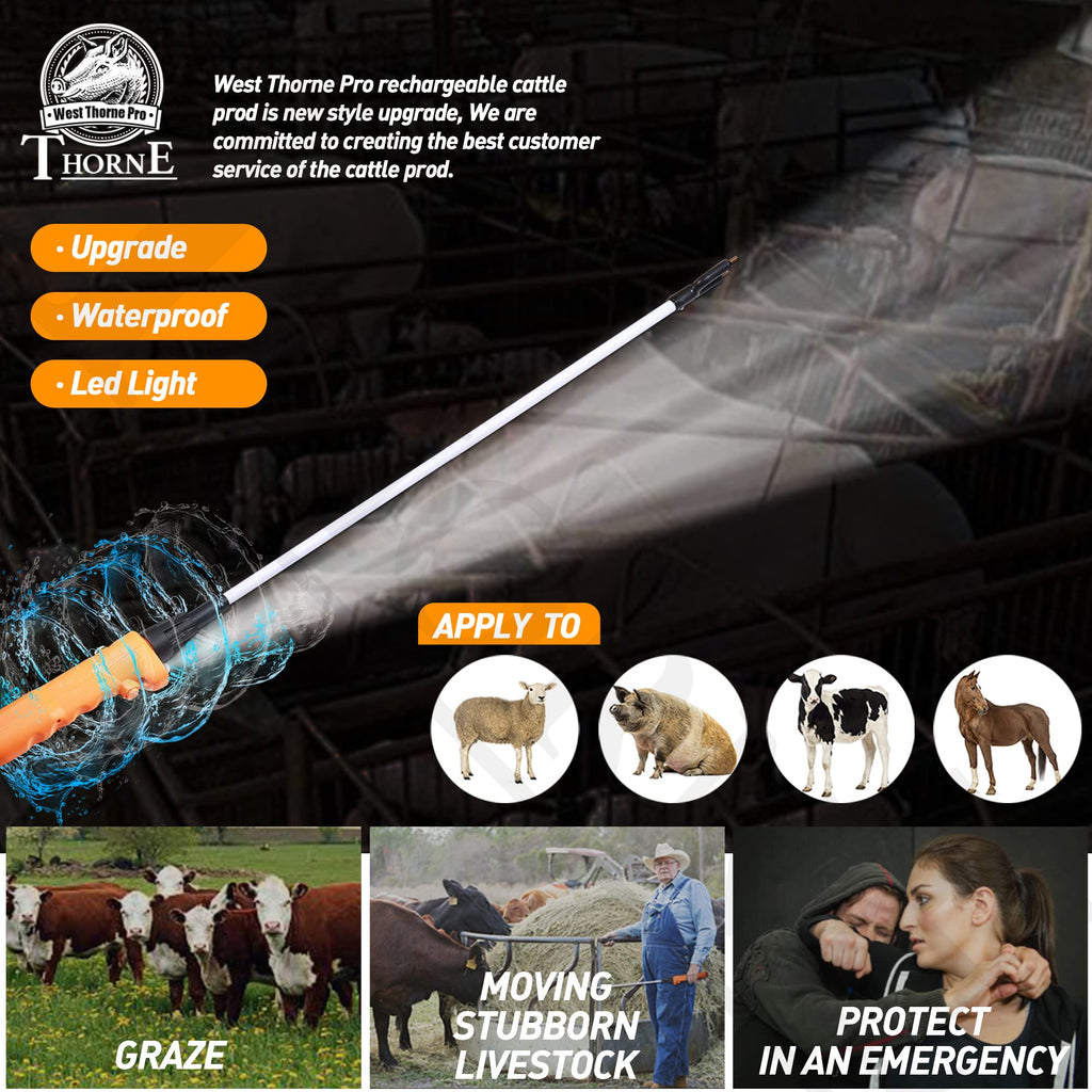 West Thorne Pro Livestock Prod, Newest Waterproof Cattle Prod Stick with LED Light,Rechargeable Electric Livestock Prod(33.8in)
