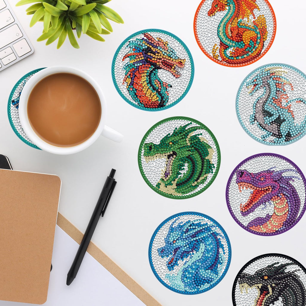 8 Pieces Dragon Diamond Coasters Kits with Holder DIY 3D Dragon Diamond Art Coaster Non Slip Coaster for Adults Diamond Kits Supplies for Christmas Gift
