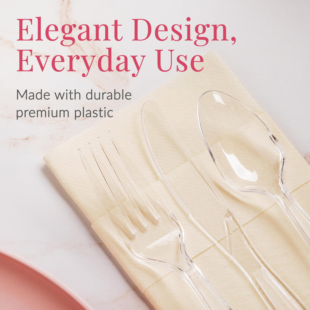 Prestee 300 Plastic Silverware Set, Clear Plastic Cutlery Set, Disposable Set -100 Clear Plastic Forks, 100 Plastic Spoons, 100 Plastic Knives, Heavy Duty Bulk Disposable Flatware Plastic Utensils Set