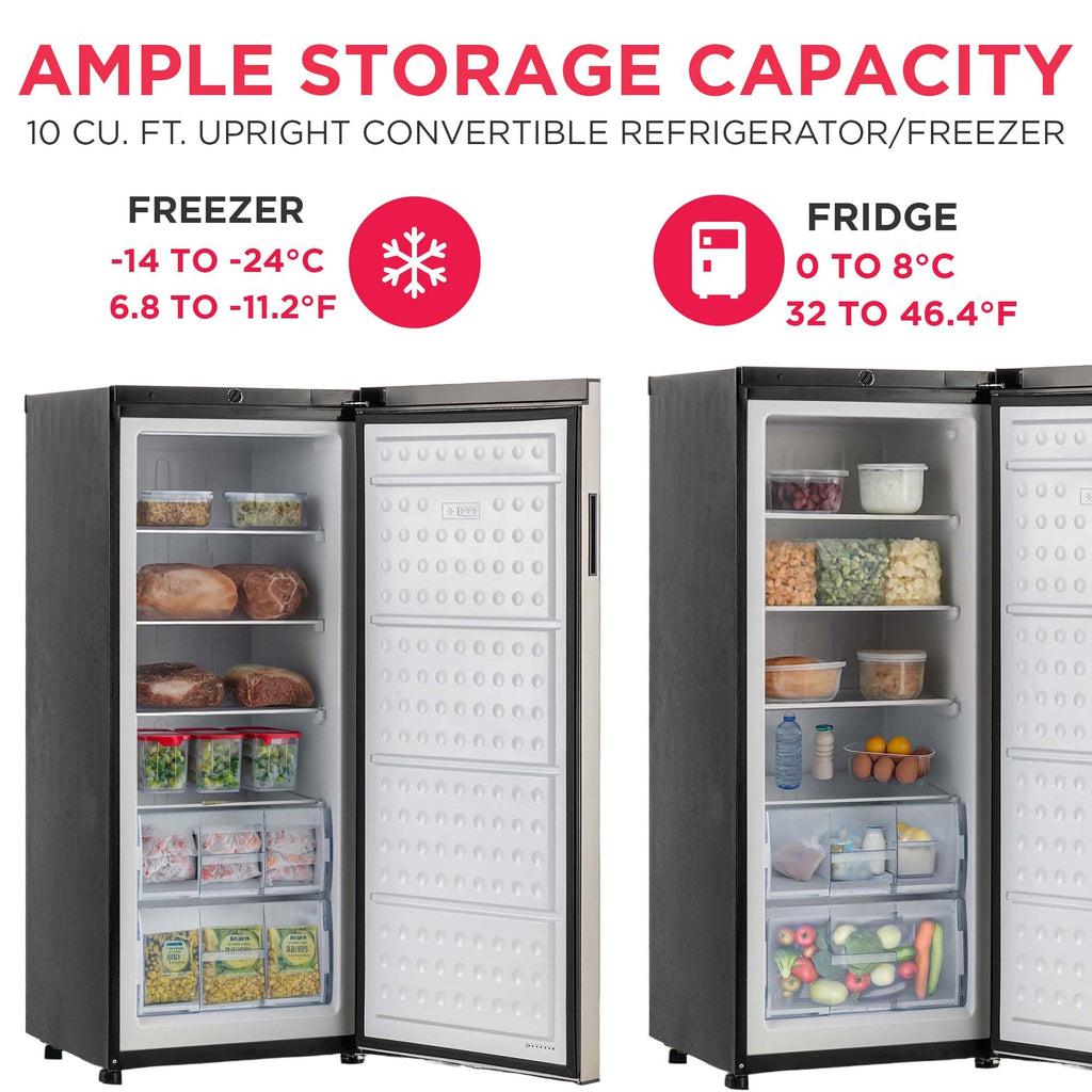 Frigidaire 10 Cu. Ft. Upright Convertible Fridge/Freezer, Reversible Door, Removable Glass Shelves, Adjustable Controls, Platinum Finish