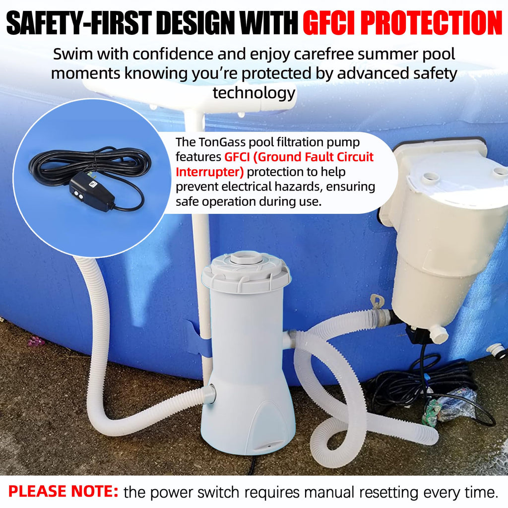 TonGass 800 GPH Pool Filter Pump for Above Ground Pools, Powerful Circulation System with Filter Cartridge, GFCI Safety Protection, Easy to Install Pool Pump for Pools up to 5000 Gallons