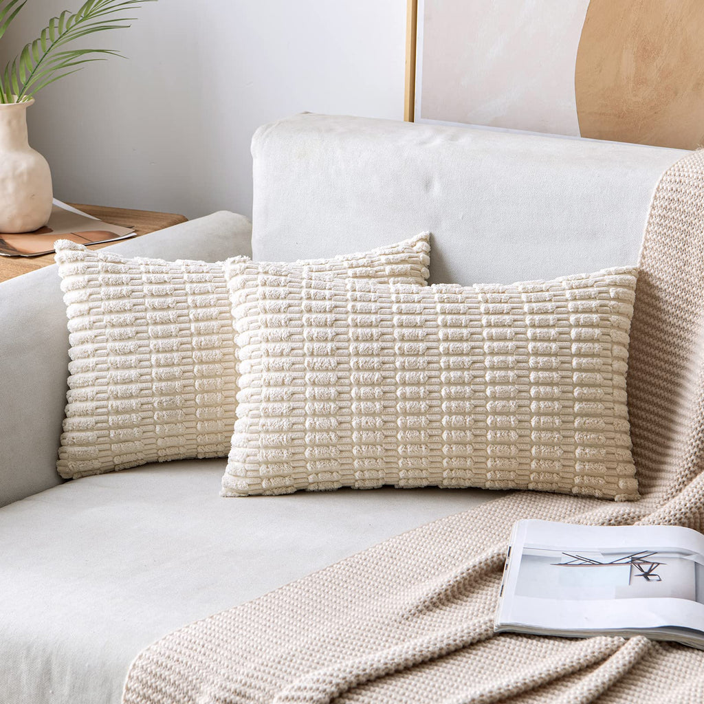 MIULEE Pack of 2 Corduroy Decorative Throw Pillow Covers 12x20 Inch Soft Boho Striped Pillow Covers Modern Farmhouse Christmas Home Decor for Sofa Living Room Couch Bed Cream White