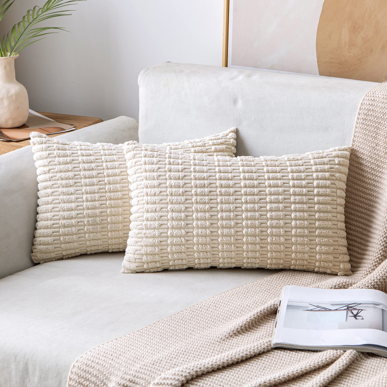 MIULEE Pack of 2 Corduroy Decorative Throw Pillow Covers 12x20 Inch Soft Boho Striped Pillow Covers Modern Farmhouse Christmas Home Decor for Sofa Living Room Couch Bed Cream White