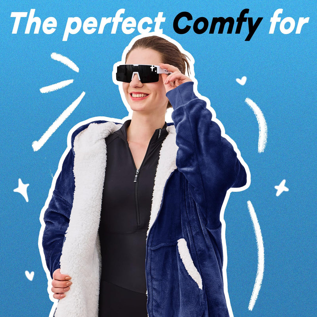 JOYWOO Wearable Blanket Hoodie, Oversized Hooded Blanket for Adult, Birthday Christmas Gifts for Women Men, Cozy Fuzzy Sherpa Sweatshirt Blanket with Giant Pocket and Zipper, Navy Blue