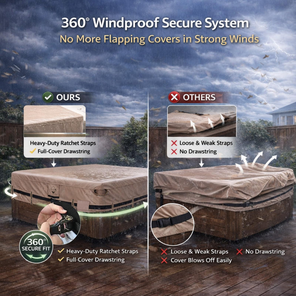 QH.HOME Hot Tub Cover Replacement 85"x85", Waterproof & Weatherproof 600D Polyester Spa Cover for Hot Tub, UV Resistant, Windproof with Ratchet Strap System, Fits 84 x 84, 82 x 82 or 81 x 81 Square