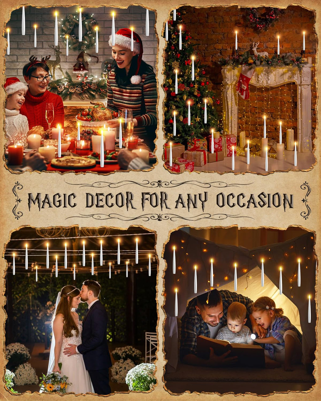 Floating Candles with Wand - 12 Pack Halloween Decorations Magic Flameless Candles Flickering Warm Light LED Hanging Candle Remote, Battery Operated Candles for Christmas Outdoor Indoor Party Decor
