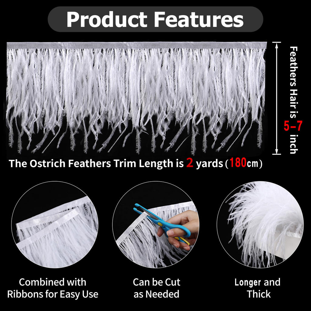 Soarer White Ostrich Feather Trim - 2Yards 5-7inch Feathers Fringe Trim for DIY Sewing Clothing, Dress,Wedding,Christmas Home Party(White)