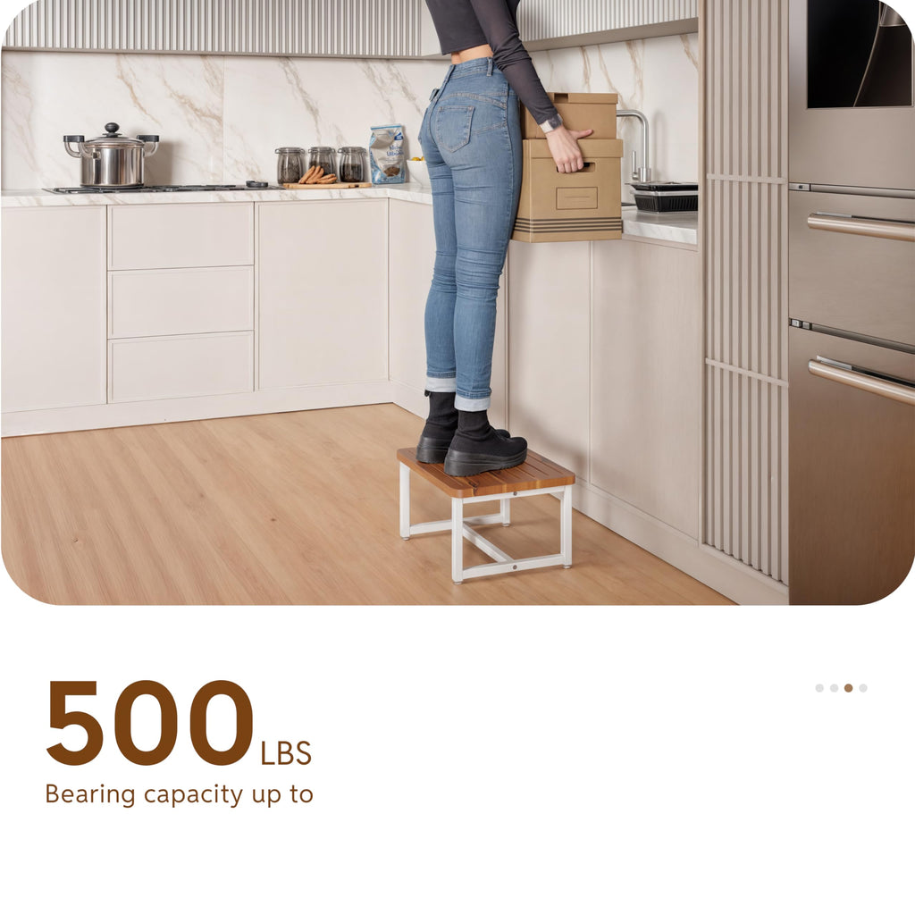 Holana 9" Wooden Step Stool for Adults - Acacia Wood One Step Stools for High Beds Riser - 500 Lbs Heavy Duty Step Stool - Stepping Stool Bathroom for Elderly, Kid, Bed, Kitchen (White Steel + Acacia)