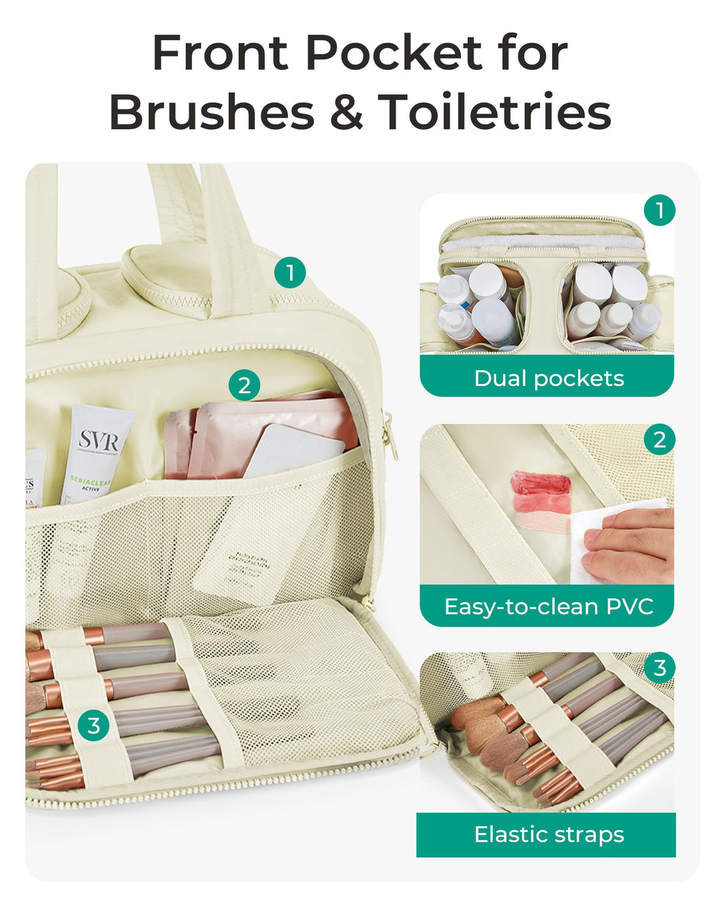BAGSMART Travel Toiletry Bag, Crush Toiletry Bag for Women, Wide-open Puffy Toiletry Bags for Traveling, Large Travel Cosmetic Makeup Bag Organizer for Accessories,Toiletrie, Beige