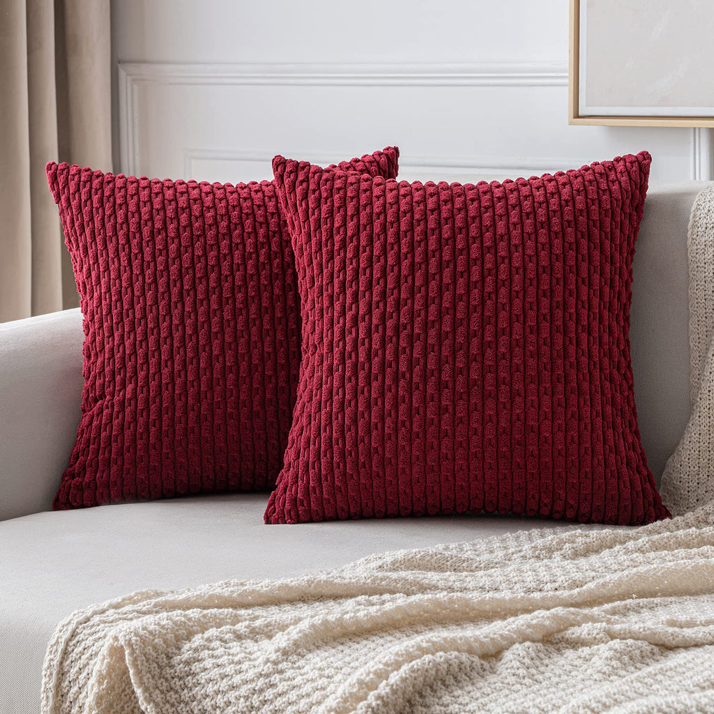 MIULEE Throw Pillow Covers Soft Corduroy Decorative Set of 2 Boho Striped Pillow Covers Pillowcases Farmhouse Home Decor for Christmas Couch Bed Sofa Living Room 18x18 Inch Wine Red