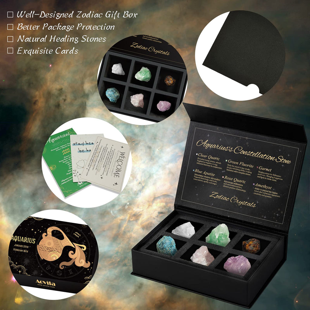 Pisces Crystals Gift Set, Zodiac Signs Healing Crystals Birthstones with Horoscope Box Set Pisces Astrology Crystals Healing Stones Gifts