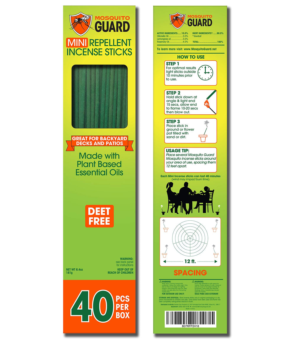 Mosquito Guard 40 Repellent Sticks, DEET Free Plant-Based Outdoor Patio Incense Citronella Bug